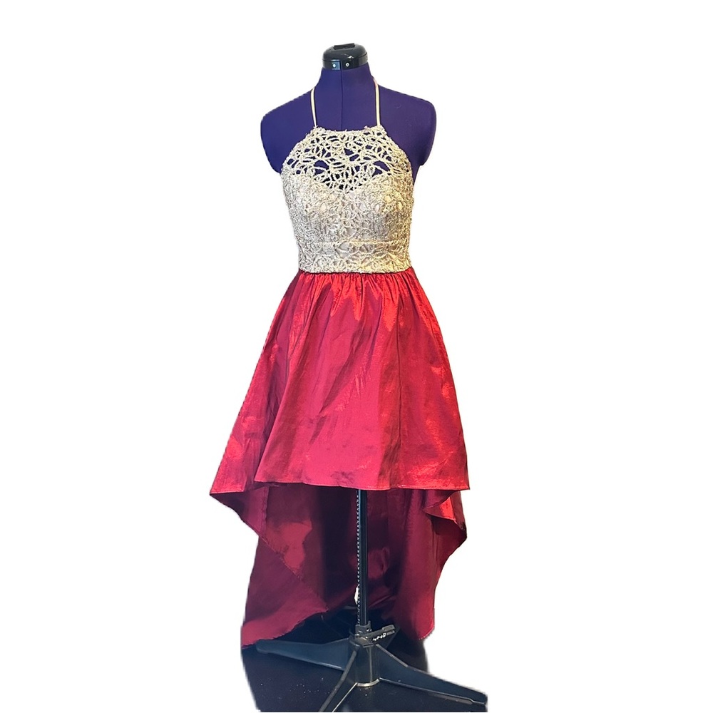 Gold Sparkle Burgundy Red Hi Low Formal Maxi Dress